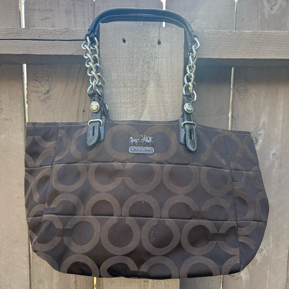 Coach Madison Tribeca tote bag featuring Op Art print and chain link handles